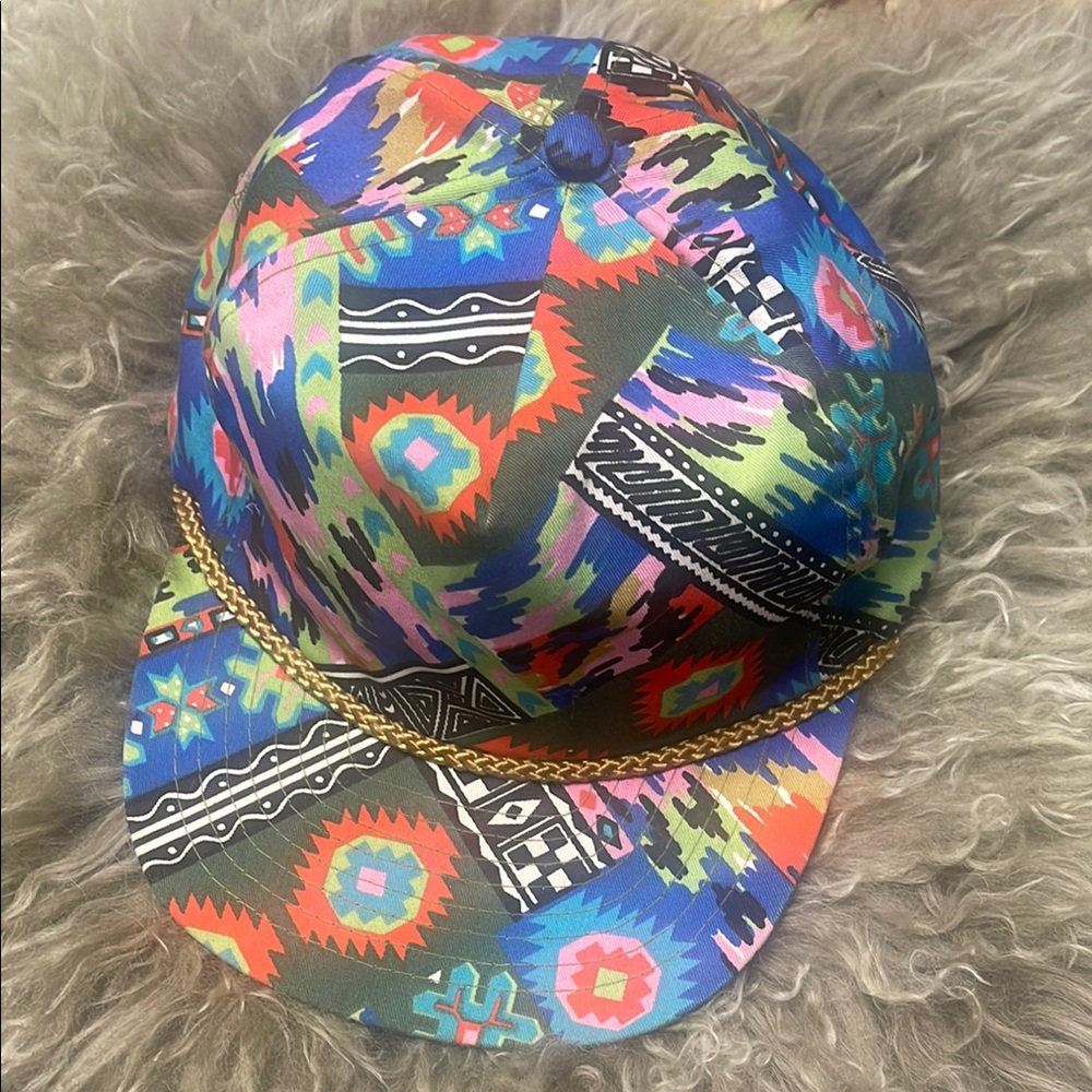 Nissin cap-Vintage Trucker hat Colorful psychedelic print.  Rope trim
